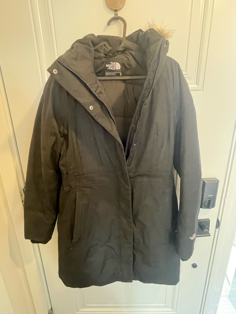 The North Face Women's Black Hooded Puffer Coat with Faux Fur Trim